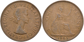Великобритания 1 пенни 1965 Елизавета II (1952-2022) КМ 897, Spink 4157 бронза 4574-235