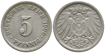 ГЕРМАНИЯ 5 ПФЕННИГОВ 1900 J KM 11, J. 12 медно-никель 39-744