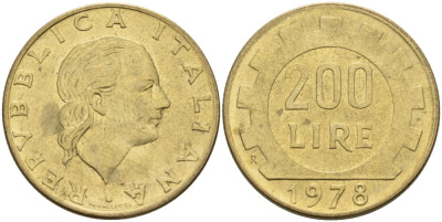 Италия 200 лир 1978 R, шестерня KM 105 алюминиевая бронза 86-1825