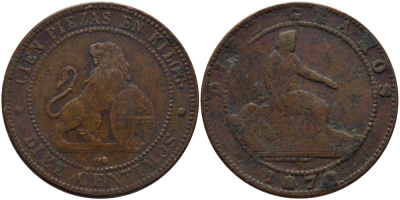 Испания 10 сентимо 1870 ОМ, лев со щитом KM 663 (Y54) медь 3460-246