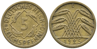 ГЕРМАНИЯ 5 РЕЙХСПФЕННИГОВ 1925 E KM 39, J. 316 алюминиевая бронза 39-557