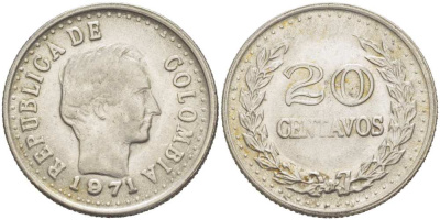 КОЛУМБИЯ 20 СЕНТАВО 1971 KM 245 сталь плакированная никелем 217-515