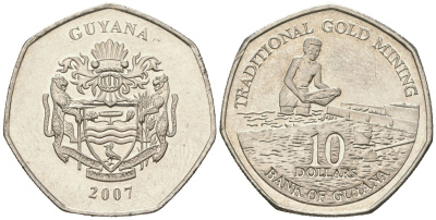 Гайана 10 долларов 2007 KM 52 сталь плакированная никелем UNC 4616-927