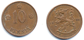 Финляндия 10 пенни 1938 KM 24 медь 51-5655