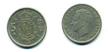 Испания 5 песет 1975 (78) Хуан Карлос I (1975-2014) KM 807 медно-никель 51-4424
