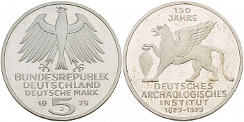 ФРГ 5 марок 1979 J, 150 лет со дня основания археологического института KM 150, J.425 серебро PROOF 02-117-14