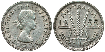 Австралия 3 пенса 1955 m, Елизавета II (1952-2022) KM 57 серебро 71-427