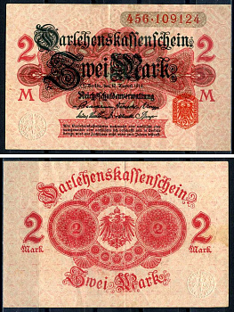 Германия 2 марки 1914 красная бумага Pick 54 бумага 2196-6-3-1