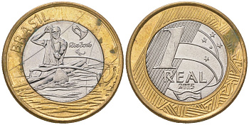 Бразилия 1 реал 2015 XV летние Паралимпийские игры, Рио-де-Жанейро 2016 - Параканоэ KM 706 биметалл UNC 4619-322