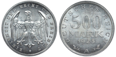 Германия 500 марок 1923 А KM 36, J.305 алюминий UNC 4587-534