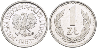 ПОЛЬША 1 ЗЛОТЫЙ 1983 MW, НАБОРНАЯ KM 49.1, Parchimowicz 213v алюминий 216-837