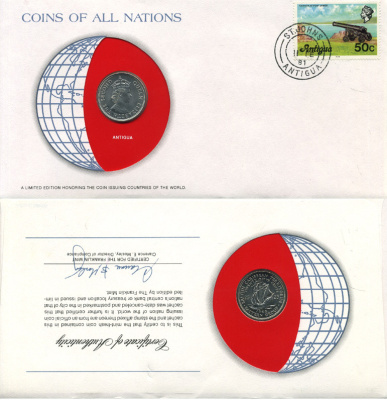 Восточно-Карибские штаты, Антигуа 25 центов 1965 конверт с маркой первого дня гашения, Coins of Nations KM 6 медно-никель UNC 4294-61-3