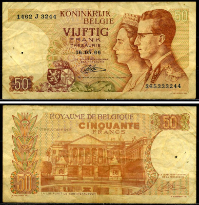 Бельгия 50 франков 1966 16 мая 1966, Бодуэн I и королева Фабиола, signature: Lauwerijens Pick 139(4) бумага 6299-32-1-2
