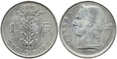 БЕЛЬГИЯ 1 ФРАНК 1959 BELGIQUE KM 142.1 медно-никель 4388-433