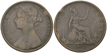 Великобритания 1 пенни 1875 Виктория (1837-1901) KM 755, Spink 3954 бронза 4590-845