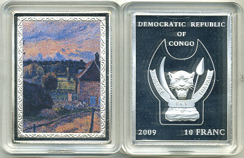 Конго 10 франков 2009 серия шедевры мировой живописи, КАМИЛЬ ПИССАРРО, FOLLY HOUSE IN ERAGNY 1885, серебрение, размер 35Х46 мм., цветная эмаль медно-никель PROOF M43-13