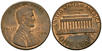 США 1 цент 1984 Линкольн KM 201b цинк плакированный медью 4136-254