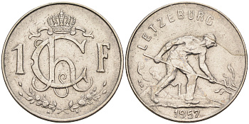 Люксембург 1 франк 1957 сталевар KM 46.2 медно-никель    4142-432