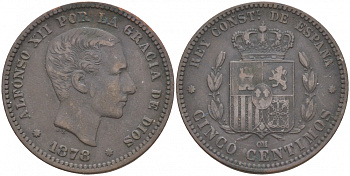 ИСПАНИЯ 5 СЕНТИМО 1878 ОМ, АЛЬФОНСО XIII KM 674 бронза 186-121