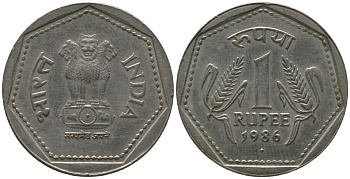 Индия 1 рупия 1986 ромб - Бомбей KM 79.1 медно-никель 4398-622