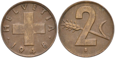 Швейцария 2 раппена 1948 В KM 47 бронза 4591-555