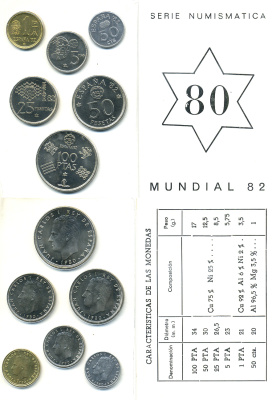 Испания официальный набор из 6 монет (50 сентимов; 1, 5, 25, 50 и 100 песет) 1980 чемпионат мира по футболу в Испании 1982 года KM MS11 (815, 816, 817, 818, 819 и 820)  UNC 1-5-2-08