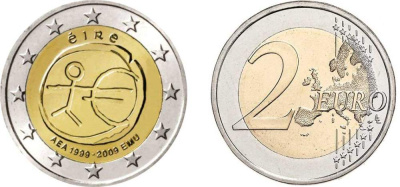 Ирландия 2 евро 2009 10 лет монетарной политики и введения евро KM 62 биметалл UNC M45-02