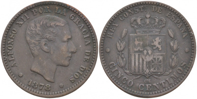 ИСПАНИЯ 5 СЕНТИМО 1878 ОМ, АЛЬФОНСО XIII KM 674 бронза 186-121
