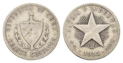 Куба 20 сентаво 1915 KM 13 серебро 61-424