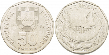 ПОРТУГАЛИЯ 50 ЭСКУДО 1986 ПЕРВЫЙ ГОД KM 636 медно-никель 4403-1045