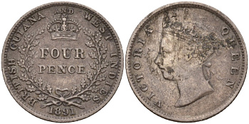 Британская Гвиана и Вест-Индия 4 пенса 1891 Виктория (1837-1901) KM 26 серебро 633-1811