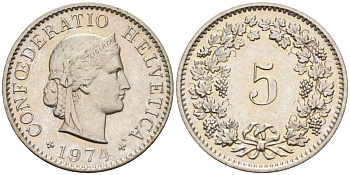 Швейцария 5 раппенов 1974 KM 26 медно-никель 4594-623