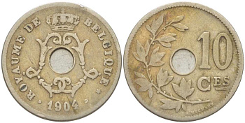 БЕЛЬГИЯ 10 САНТИМОВ 1904 BELGIQUE KM 52 медно-никель 213-445
