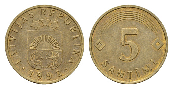 Латвия 5 сантимов 1992 KM 16 никель латунь 105-634