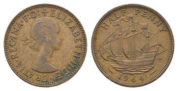 Великобритания 1/2 пенни 1964 Елизавета II (1952-2022) KM 896, Spink 4158 бронза 4662-1225