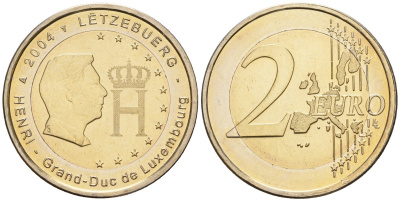 Люксембург 2 евро 2004 Портрет и монограмма герцога Люксембурга Анри Нассау KM 85 биметалл 4148-825