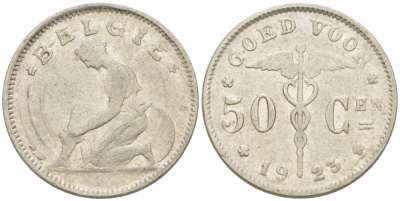 БЕЛЬГИЯ 50 САНТИМОВ 1923 BELGIE KM 88 никель 261-1138
