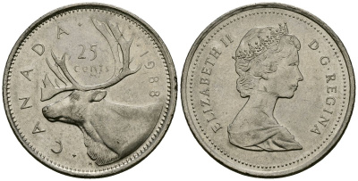 Канада 25 центов 1988 Елизавета II (1953-), олень KM 74 медно-никель 4167-931