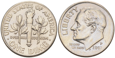 США 10 ЦЕНТОВ = 1 ДАЙМ 2002 P, РУЗВЕЛЬТ KM 195a медь плакированная медно-никелем 188-741