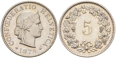 Швейцария 5 раппенов 1974 KM 26 медно-никель 4594-623