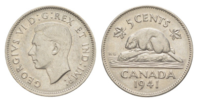 Канада 5 центов 1941 бобр, Георг VI (1936-1952) KM 33 никель 4639-423