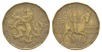 Чехия 20 крон 1993 чешский лев, герцог Вацлав на коне KM 5 сталь плакированная латунью 4633-636