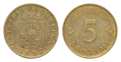 Латвия 5 сантимов 1992 KM 16 никель латунь 105-634