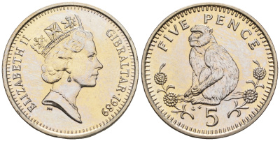 Гибралтар 5 пенсов 1989 АВ обезьяна KM 22 медно-никель UNC 87-547