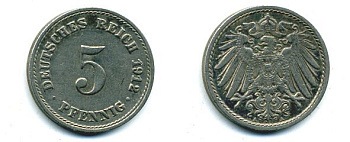 ГЕРМАНИЯ 5 ПФЕННИГОВ 1912 A, KM 11, J. 12 медно-никель 62-2435