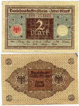 ГЕРМАНИЯ 2 МАРКИ 1920 1 МАРТА 1920, ВЕЙМАРСКАЯ РЕСПУБЛИКА, КОРИЧНЕВАЯ, СЕРИЯ 208 Pick 60, Rosenberg 65a бумага 7547-47-2