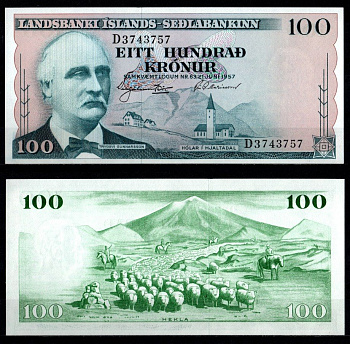 Исландия 100 крон 1957 Триггви Гуннарссон, вулкан Гекла Pick 40 a бумага UNC (пресс) 2198-27-3-1