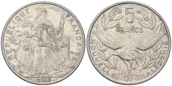 Французская Новая Каледония 5 франков 2003 птица кагу, (IEOM) KM 16, Schoen 12, Lec 81h алюминий 189-711