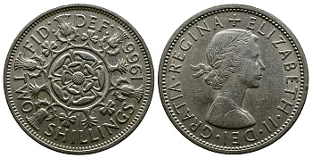 Великобритания 2 шиллинга (флорин) 1966 Елизавета II (1952-2022) KM 906, Spink 4146 медно-никель 4382-641
