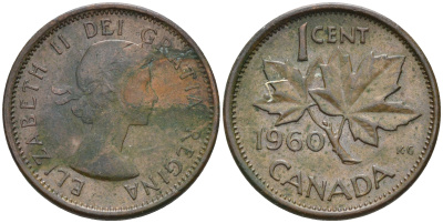 Канада 1 цент 1960 Елизавета II, кленовый лист KM 49 бронза 4115-749